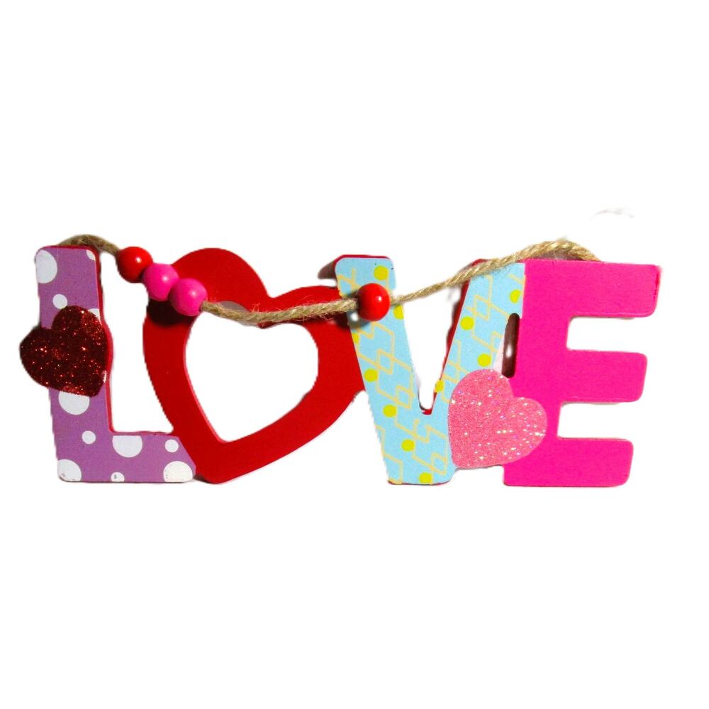 Wood Love Sign Valentine's Day Home Decor Glitter Hearts Rope Twine Hanger